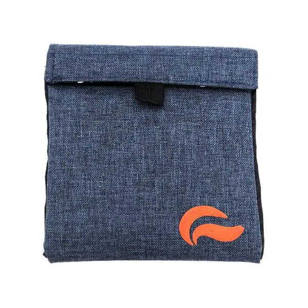 The Skunk Mr Slick 6” Stash Storage Case is a square, blue carbon-lined pouch with a flap closure, black center tab, and an orange curved logo. Designed to be airtight and smell proof by Skunk.